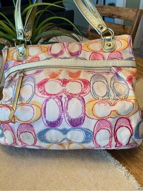 Coach Multicolor Signature Tote with Metallic Gold Handles